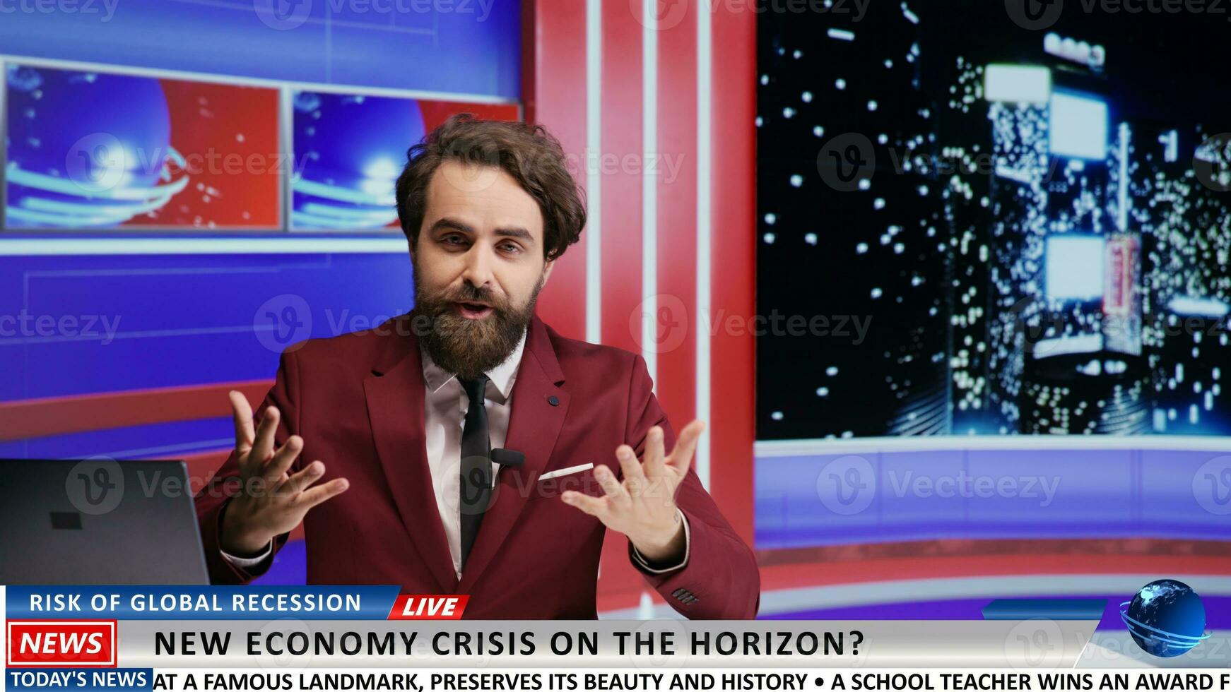 Late night talk show presenter creating content for live television program, discussing about world problems like ecomony crisis for broadcasting network. News journalist reading headlines. photo