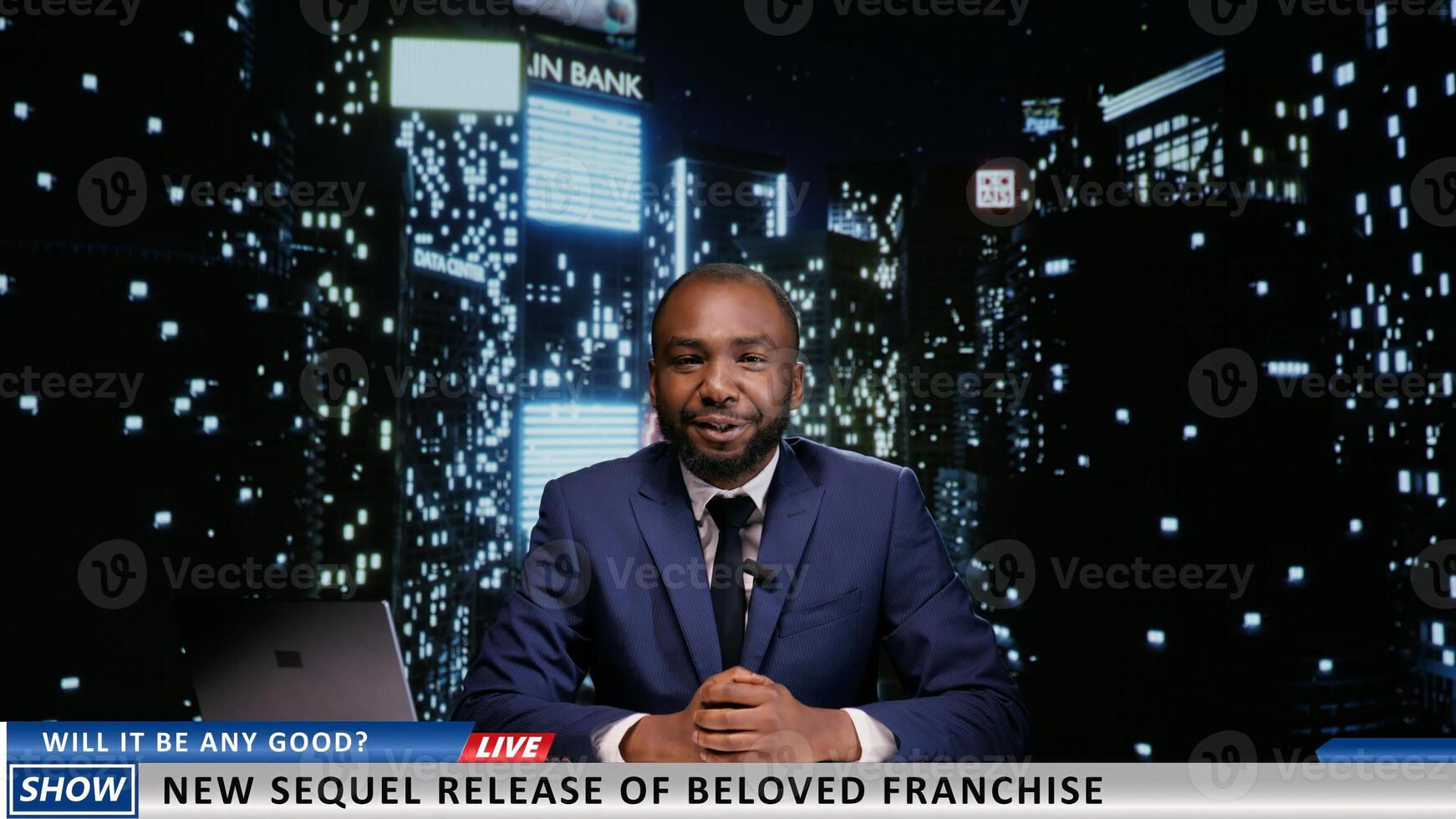 Presenter announcing new movie premiere on late night talk show, discussing about famous film franchise on live television program. African american host presenting world news. photo