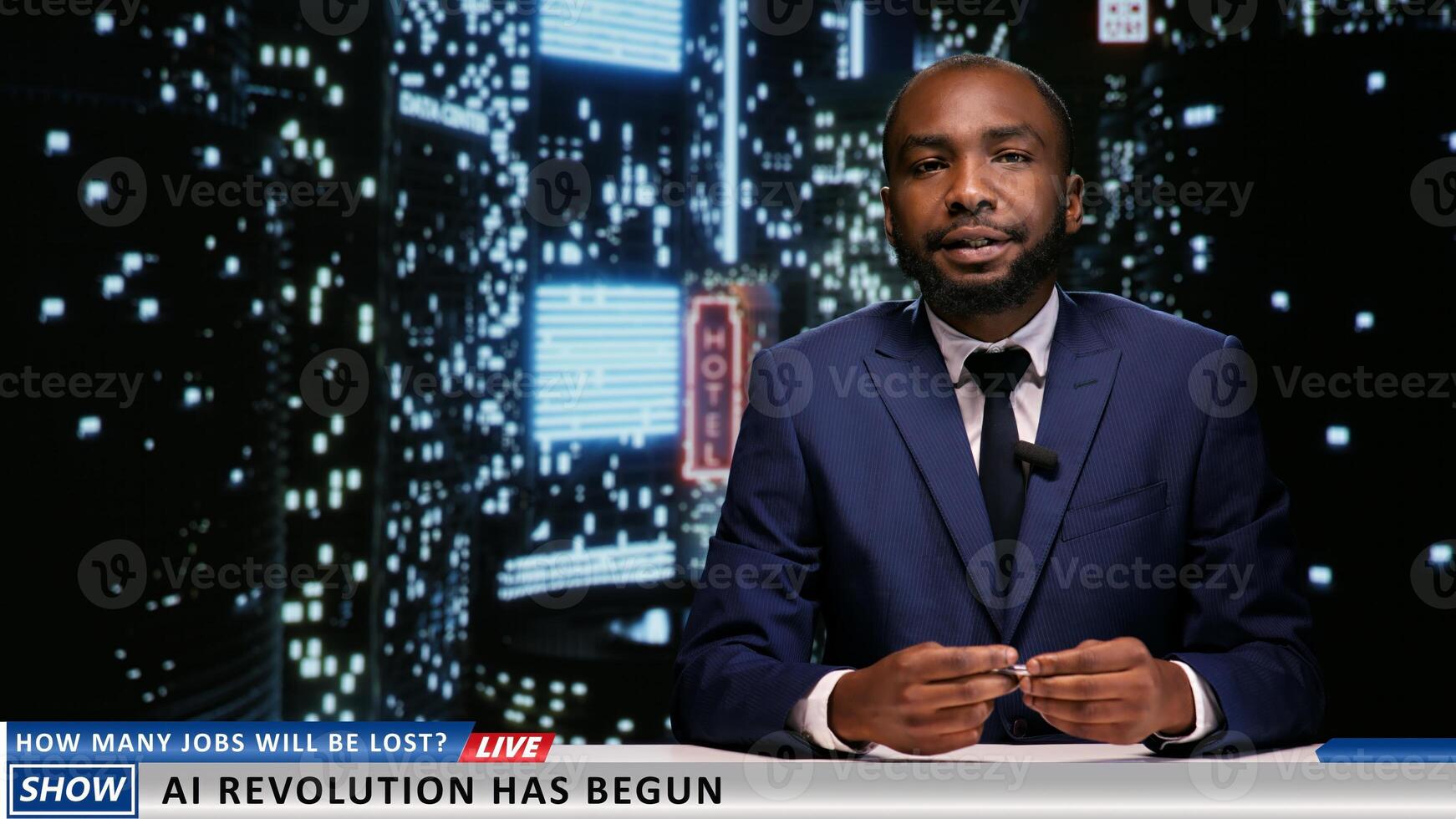 Man talk show host presents news about modern technology and artificial intelligence revolution, starting late night tv program. Media journalist talking about AI development live. photo