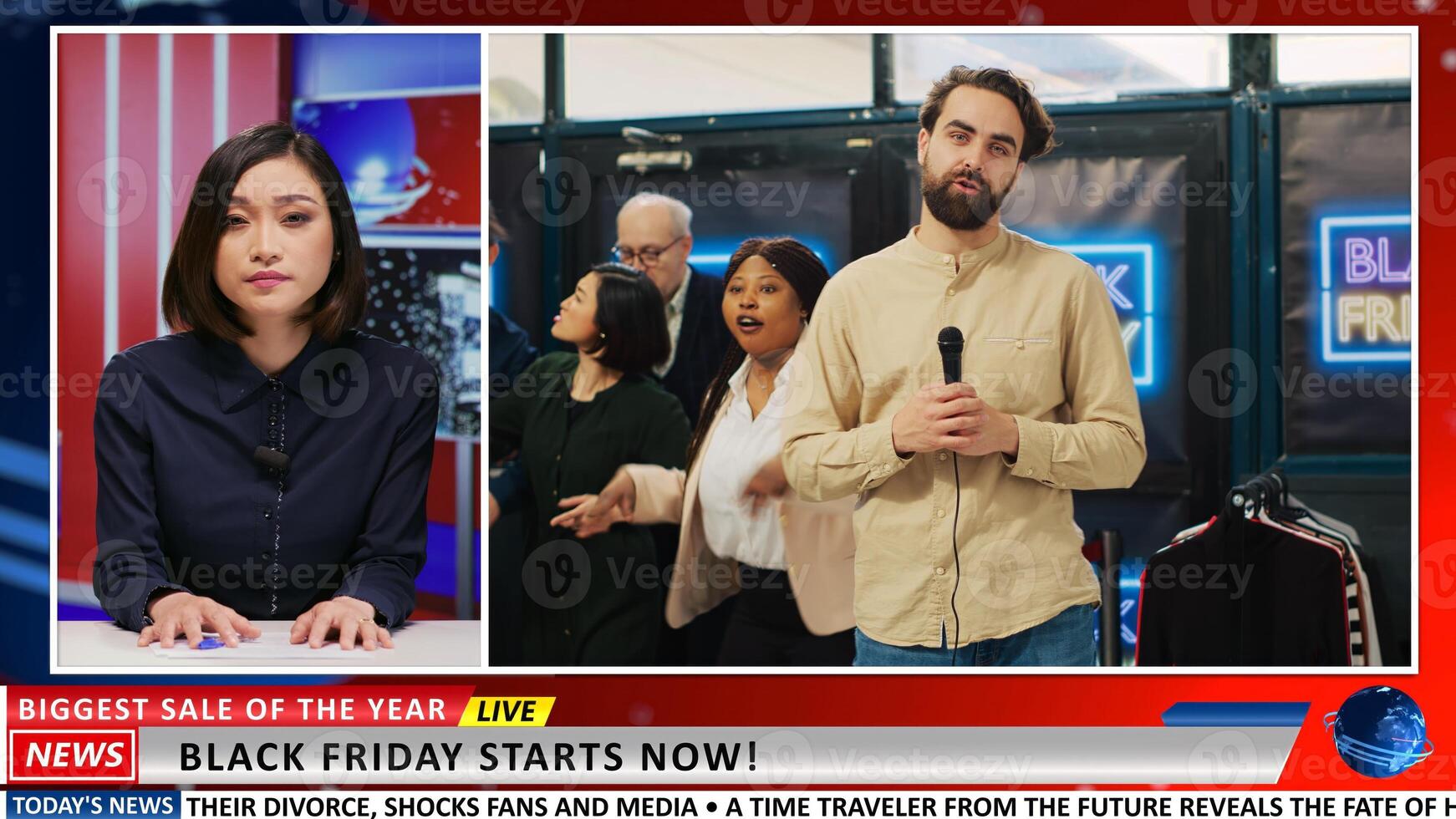 Media presenter talks about crazy people shopping on blank friday, footage of sales madness in stores. International female broadcaster addressing breaking news events in november. photo