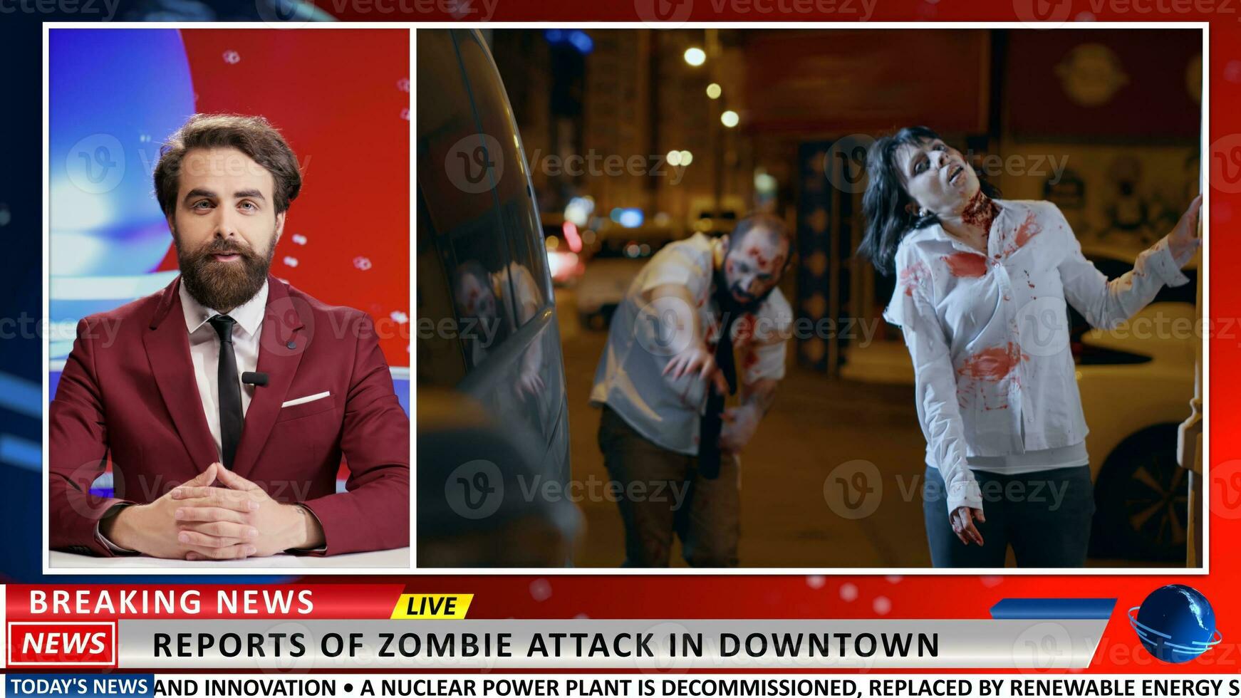 Zombie attack apocalypse news reports. Broadcaster talking about dangerous virus and infected people haunting the city, scary information on international live television program. photo