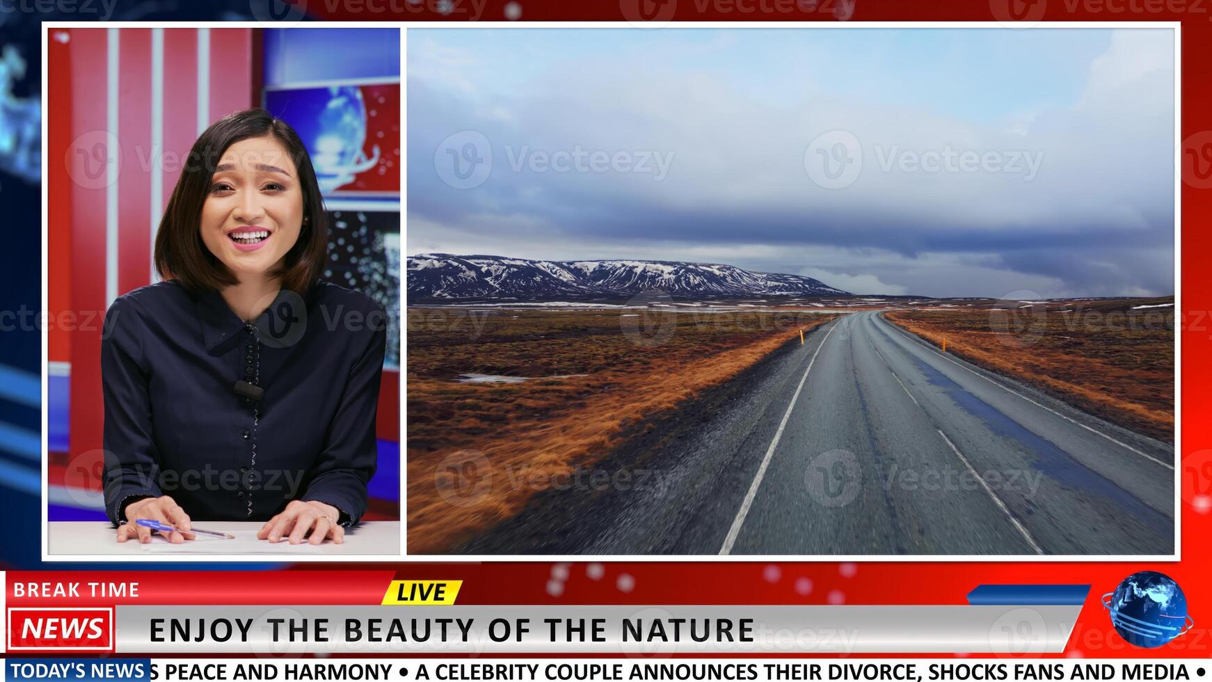 Asian presenter shows beautiful landscapes, advertising natural icelandic glaciers in new goegraphic reportage. Journalist broadcasting live arctic footage of amazing scenery on live tv. photo