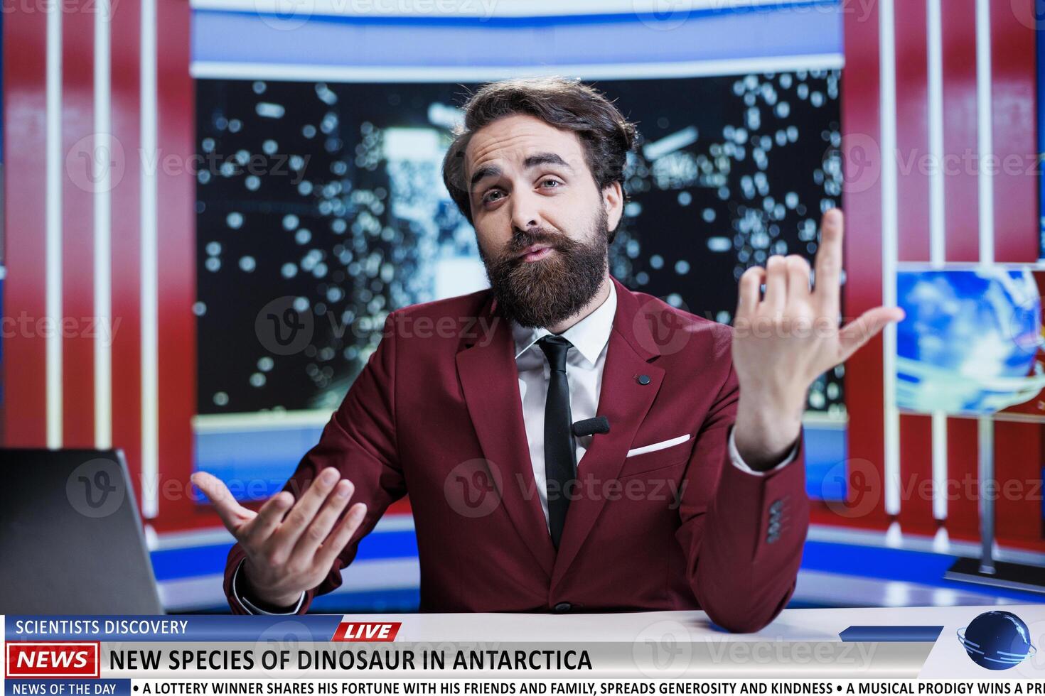 On live media program, news presenter reveals remarkable finding, biologists found new type of dinosaur in Antarctica. Reporter addressing weird surprise and rare discovery, night show. photo