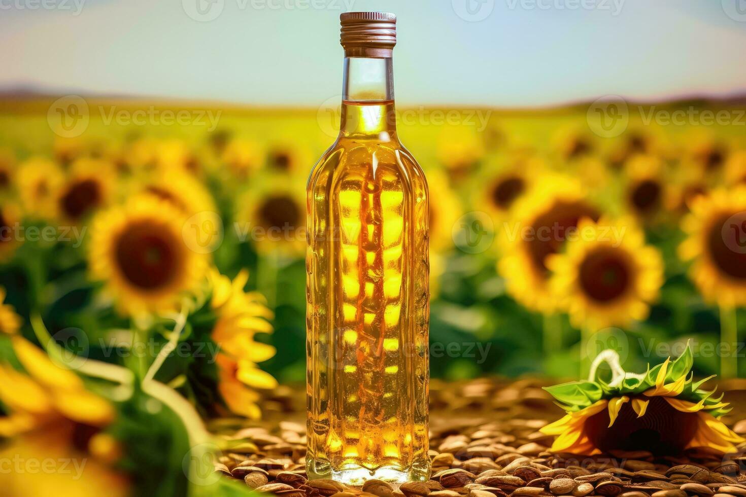 Sunflower Oil Bottle with Bright Sunflower Blossoms - Generative AI photo