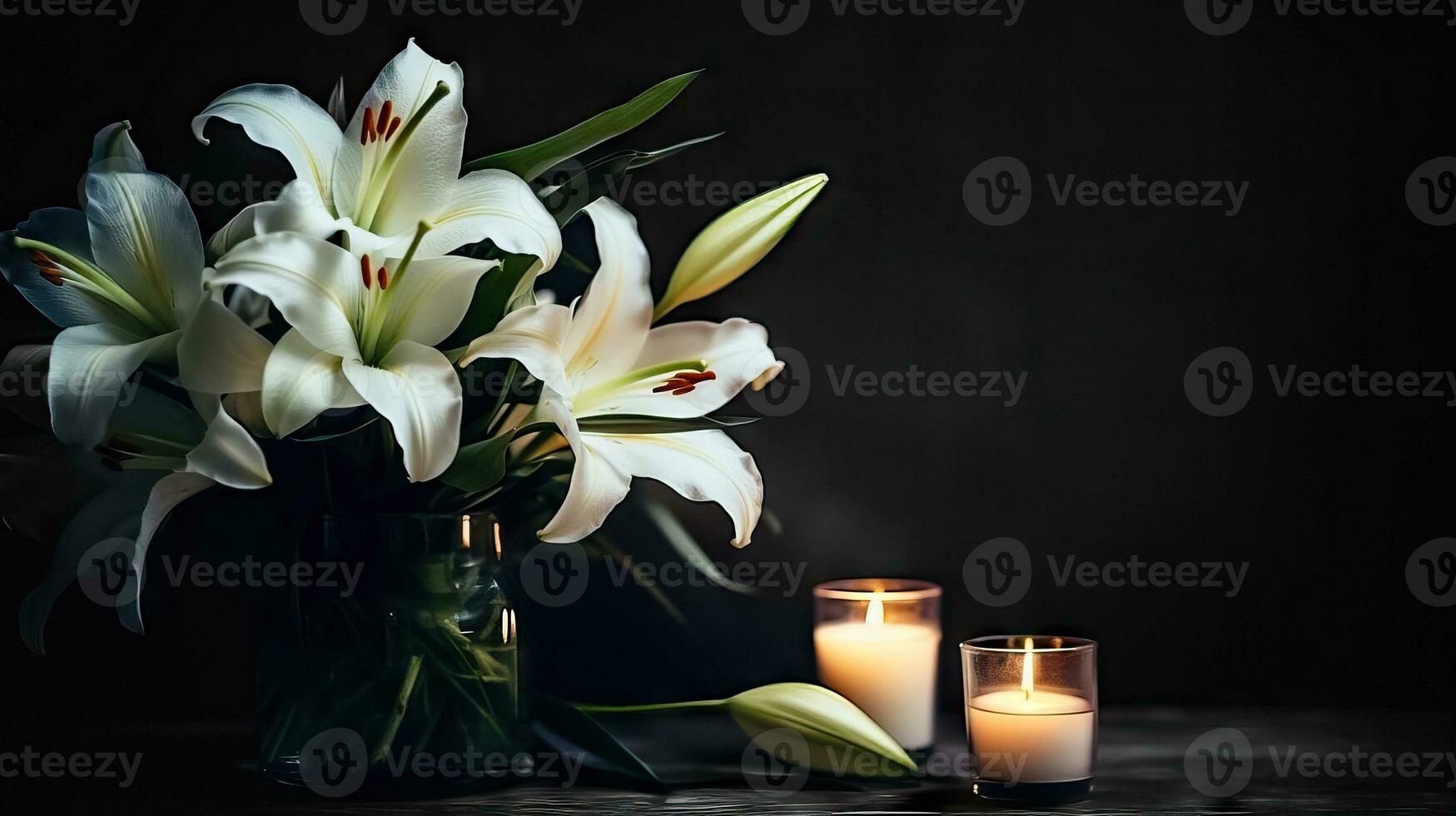 Lilies and Candles - Tranquil Floral Arrangement - Generative AI photo