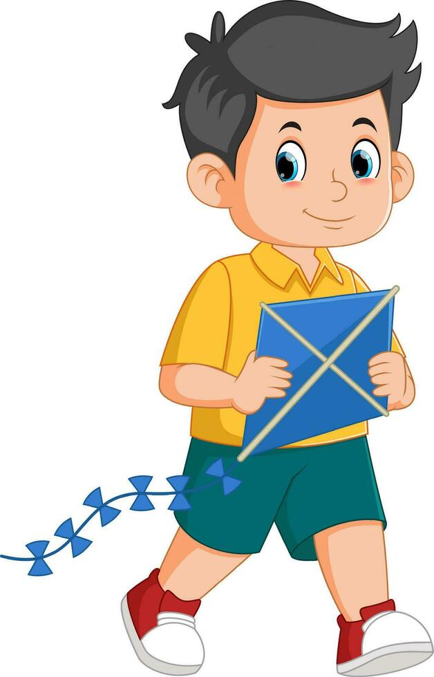 Cartoon happy boy playing kite vector