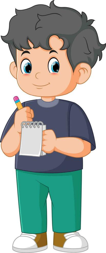 niño pequeño de dibujos animados sosteniendo un cuaderno y un lápiz vector