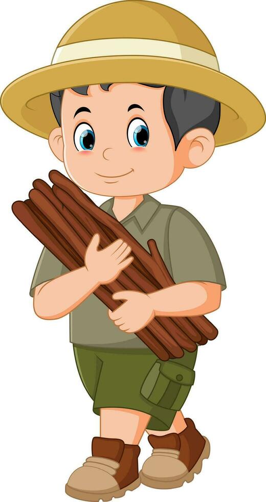 Cartoon boy scout carrying firewood vector