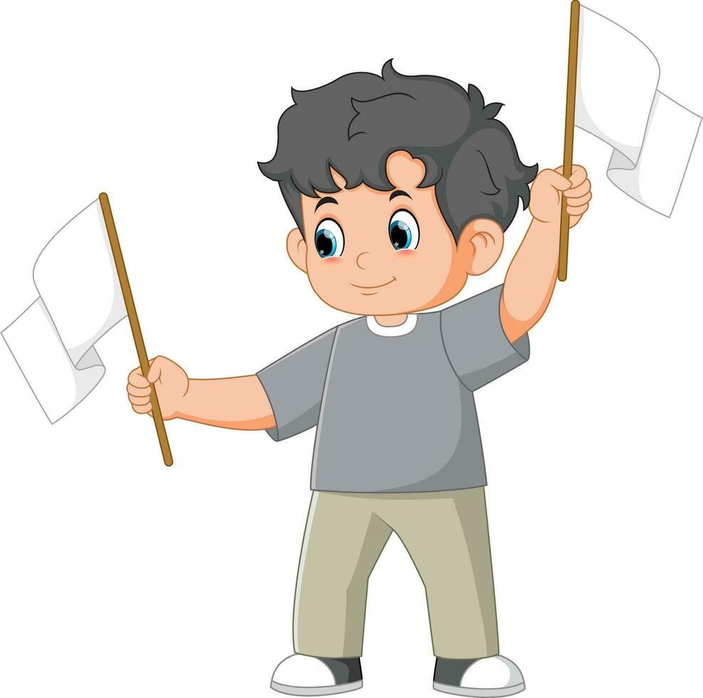 Cartoon boy holding white blank flags vector