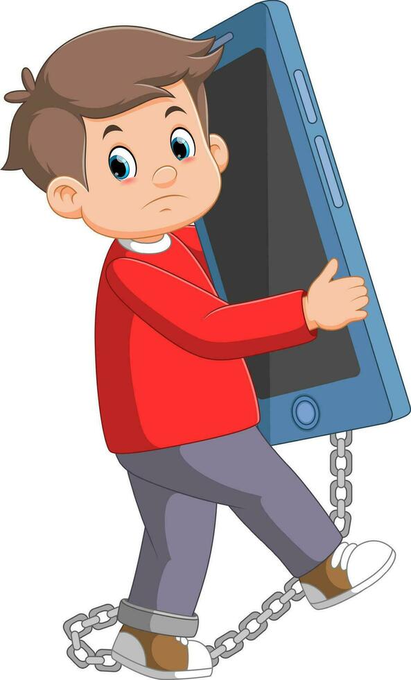 Young depressed and sad man chained and shackled to a big mobile smart phone vector