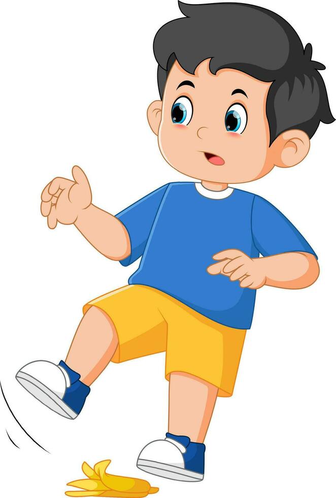 Cartoon little boy fell with banana peel vector