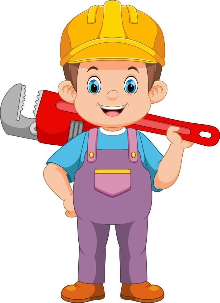 Friendly plumber wearing dressed in work clothes and carrying a tool vector