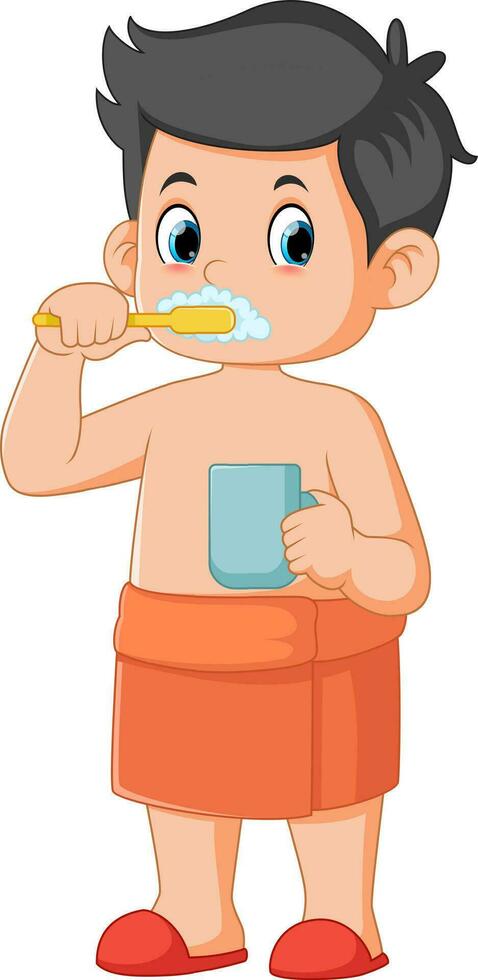 Cute little boy brushing teeth vector