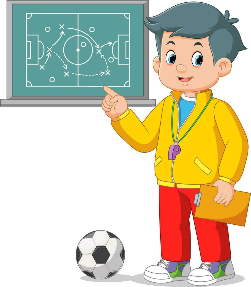 Soccer coach man drawing game plan on chalk board playbook vector