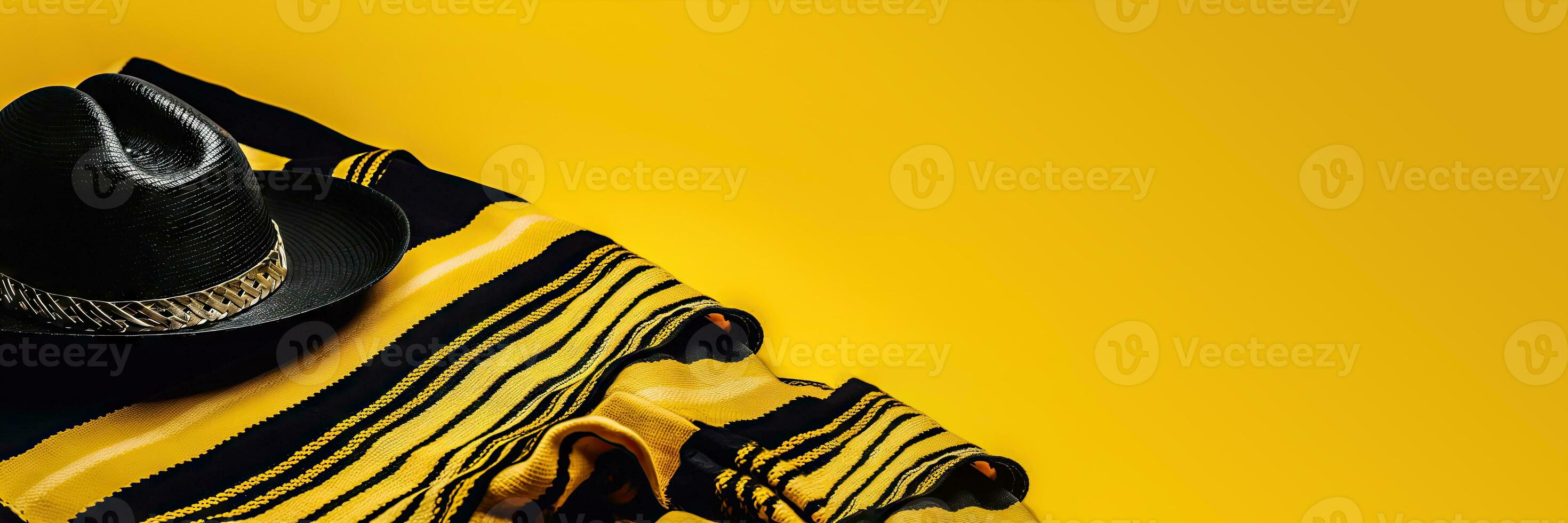 Mexican Festive Elements - Sombrero Hat and Poncho on Yellow Background - Generative AI photo