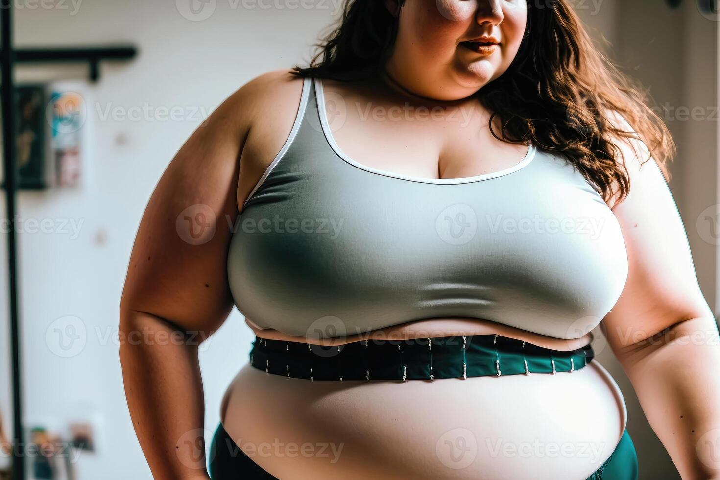 Girl with large body shapes suffering from overweight - Generative AI photo