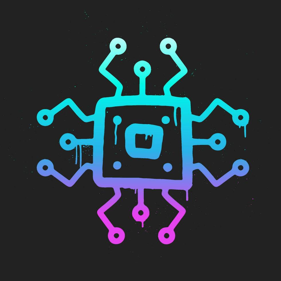 AI Neon Graffiti. Processor Chip. Artificial Intelligence in Urban Street Style. Trendy Y2K clipart. Splash effects and drops. Grunge and spray texture. vector
