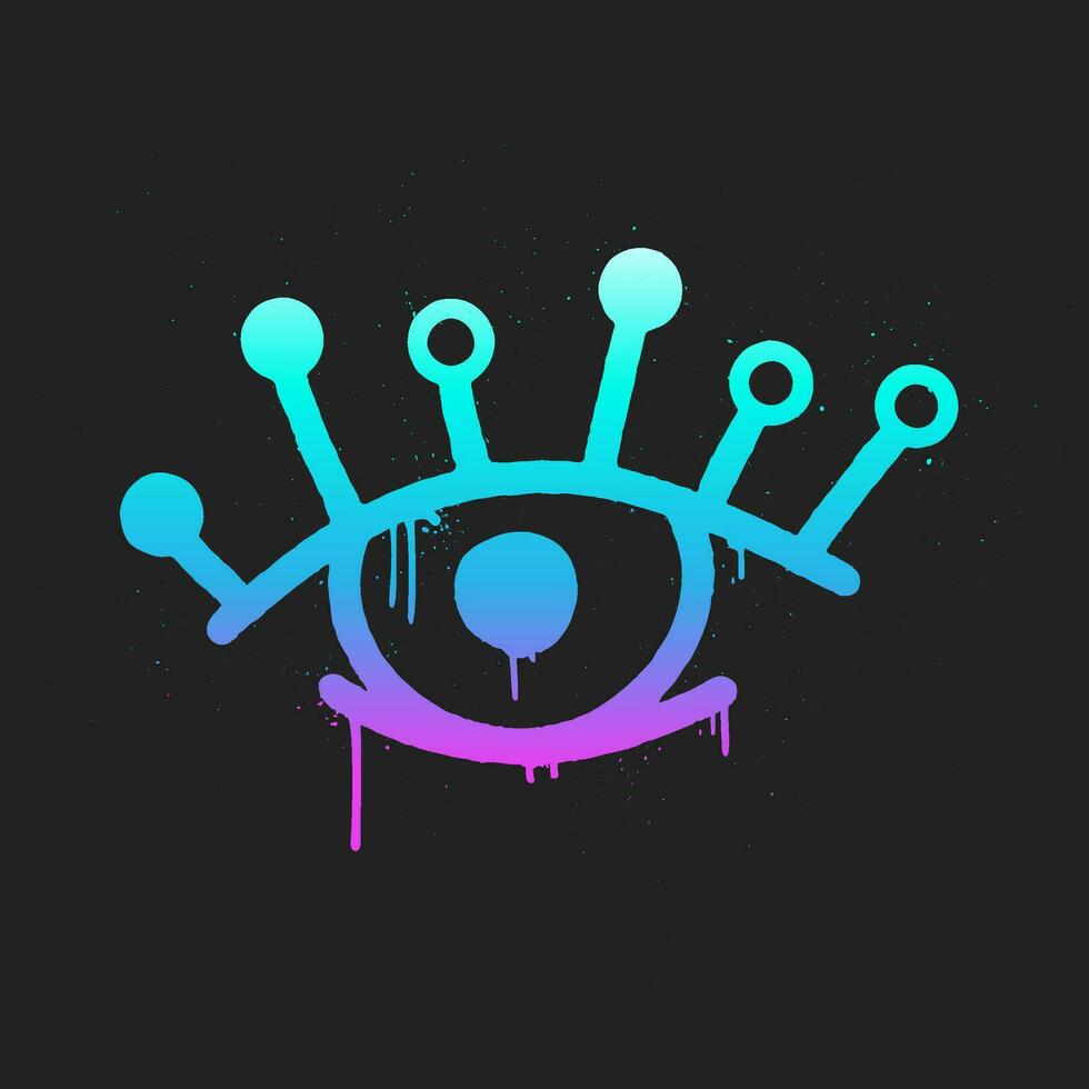 AI Neon Graffiti. Robotic eye, cyber vision. Circuit. Artificial Intelligence in Urban Street Style. Trendy Y2K clipart. Splash effects and drops. Grunge and spray texture. vector