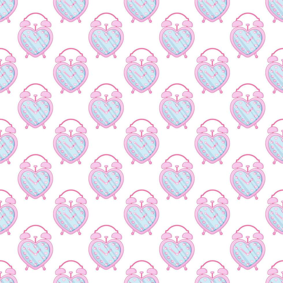 Cute girlish alarm clock. Pink glamour. Seamless pattern. Heart shape. vector