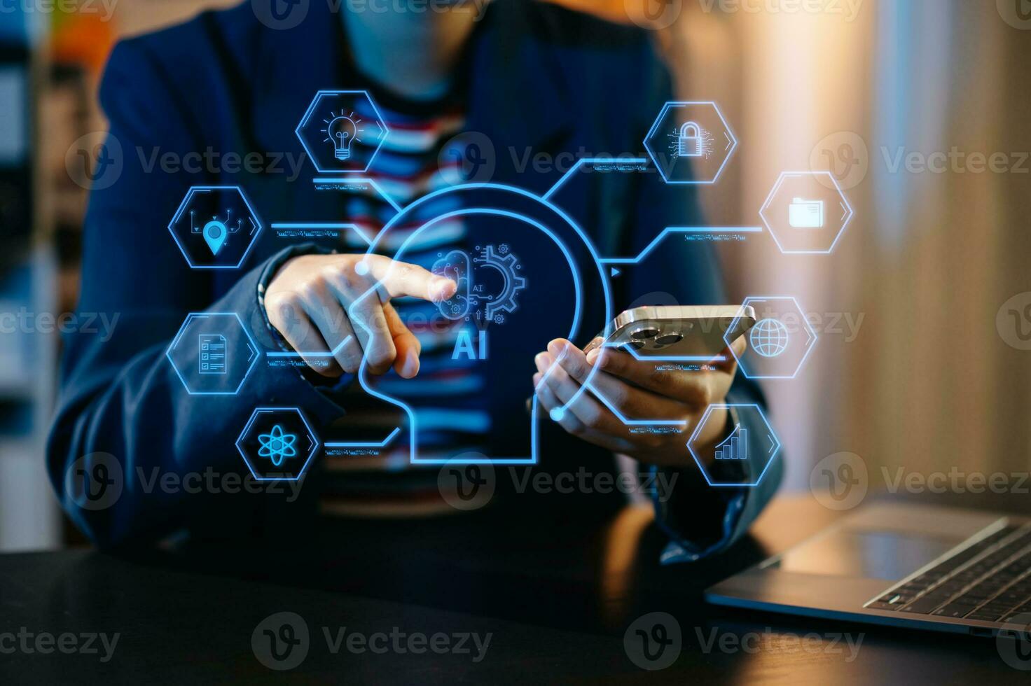 Man using chatbot in computer and tablet  smart intelligence Ai.Chat with AI Artificial Intelligence, developed by OpenAI generate. Futuristic technology, robot in online system. neon light photo