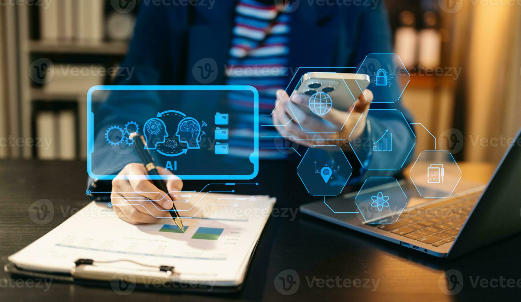 Man using chatbot in computer and tablet  smart intelligence Ai.Chat with AI Artificial Intelligence, developed by OpenAI generate. Futuristic technology, robot in online system. neon light photo