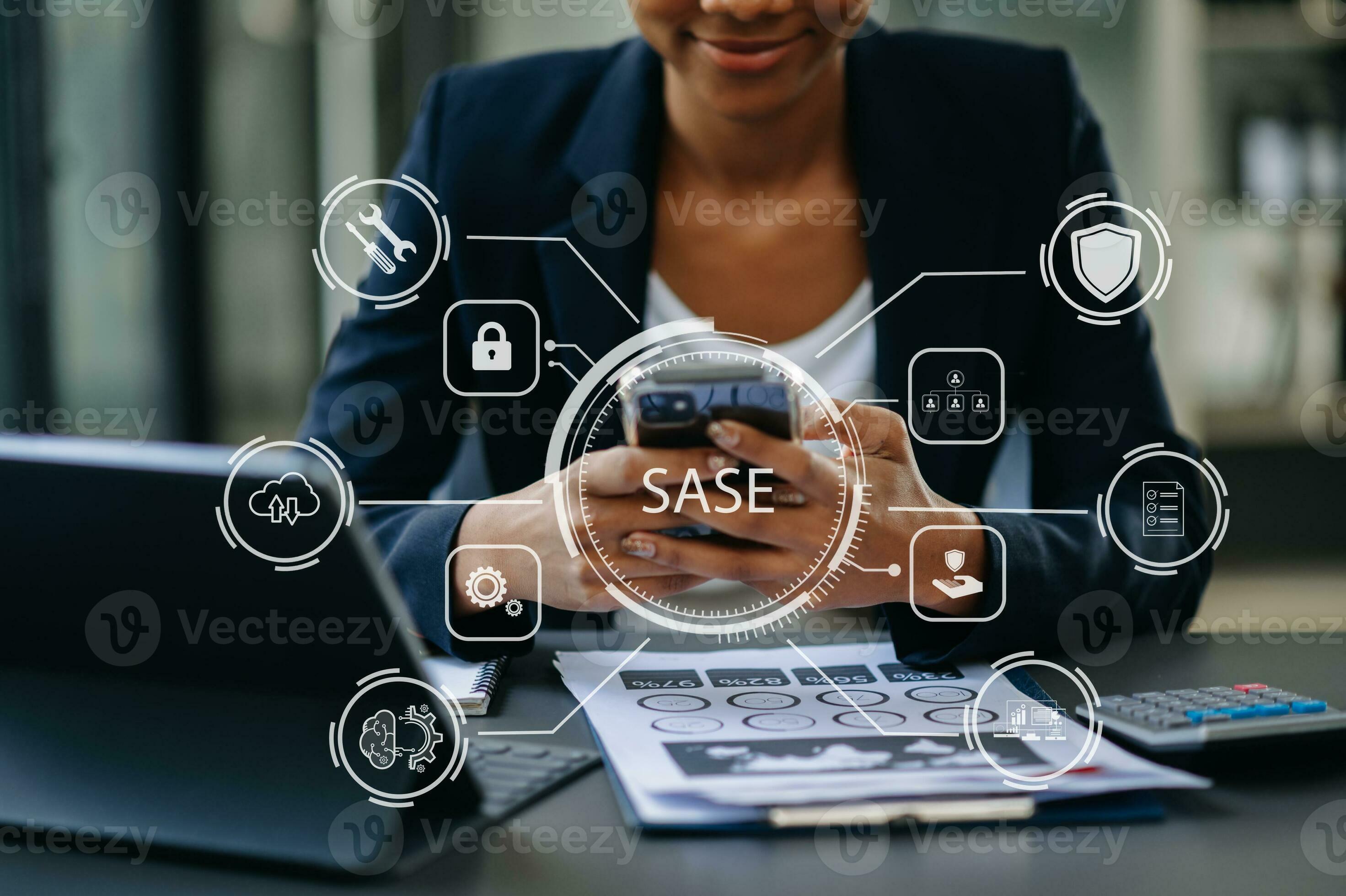 Sase secure access service edge concept hand touching secure access