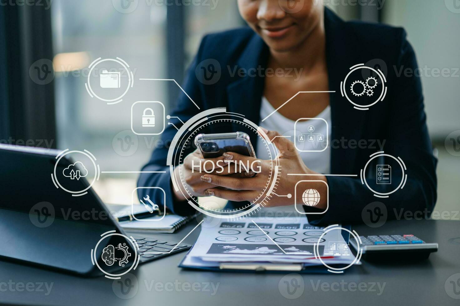 Web hosting concept, woman using computer, tablet and presses his finger on the virtual screen inscription Hosting Internet, business, digital technology concept. photo
