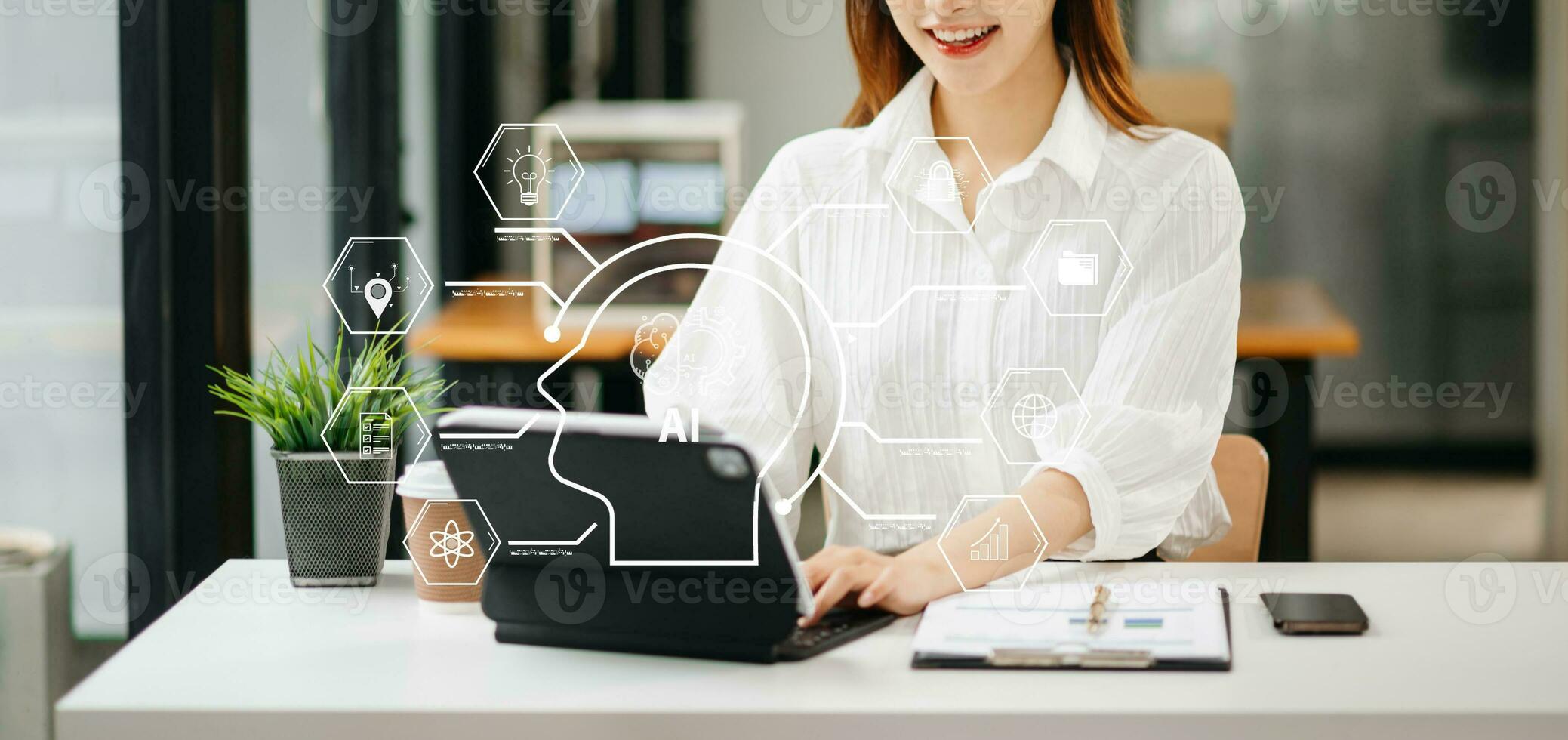 Business woman using chatbot in computer and tablet  smart intelligence Ai.Chat with AI Artificial Intelligence, developed by OpenAI generate. Futuristic technology, robot in online system. photo