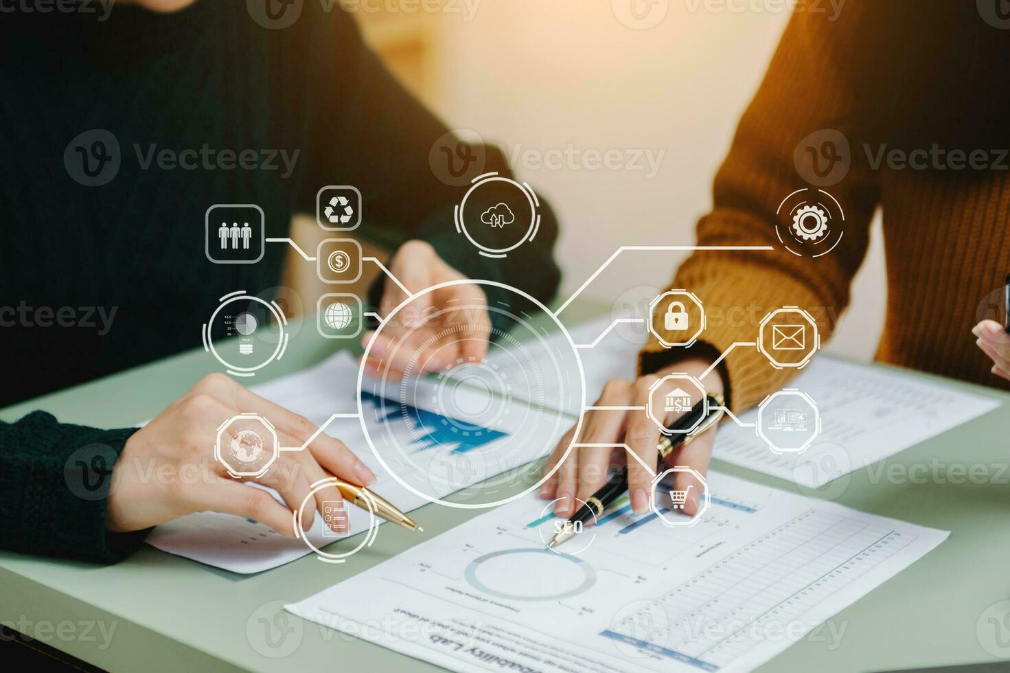 Working team meeting concept, business using laptop and smart phone and digital tablet computer with digital marketing media  in virtual icon network diagram office photo