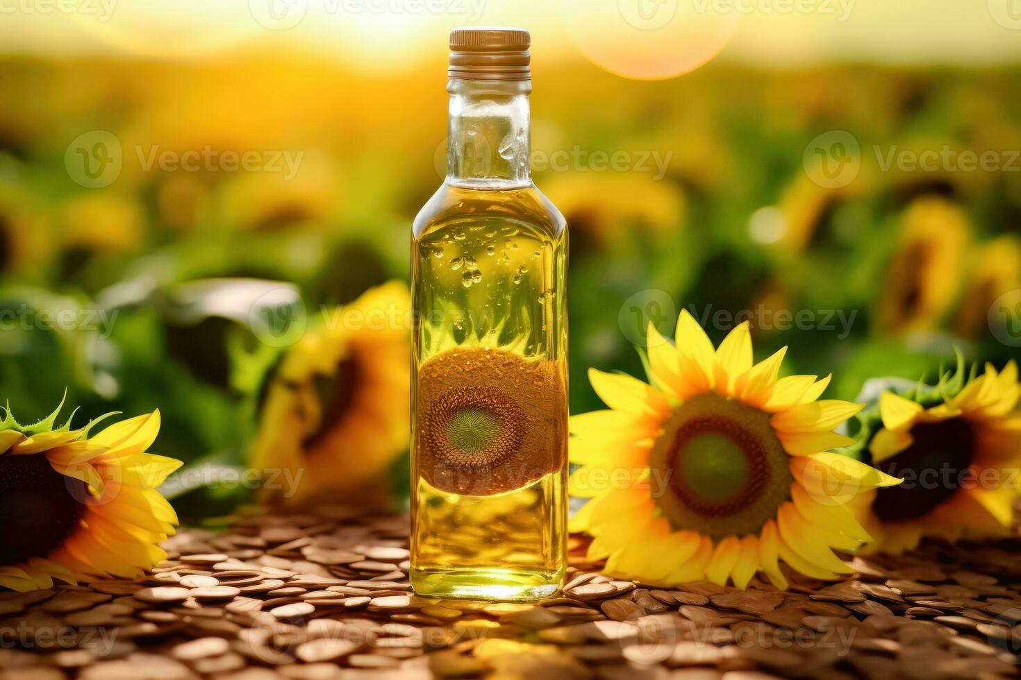 Sunflower Oil Bottle in a Field of Blooming Sunflowers - Generative AI photo