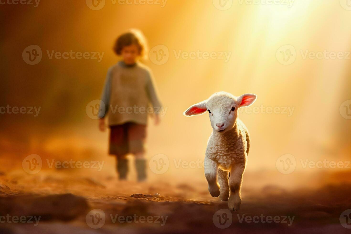 Biblical Scene - Boy found a lost sheep in Sunlight - Generative AI photo