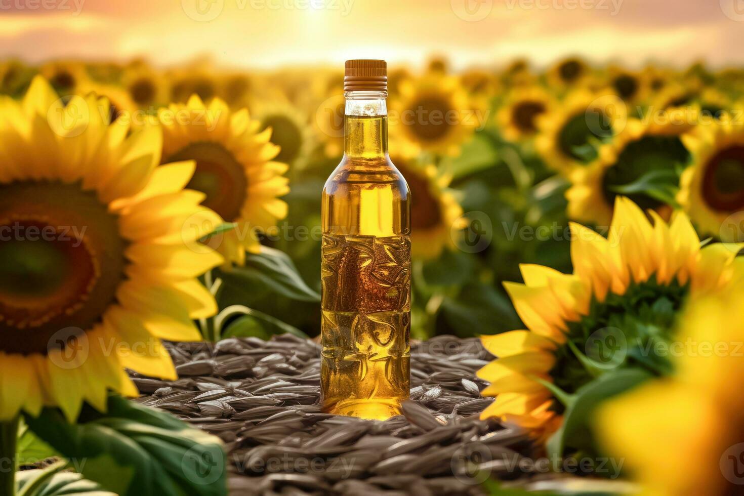 Healthy Sunflower Oil with Sunflowers in the Background - Generative AI photo