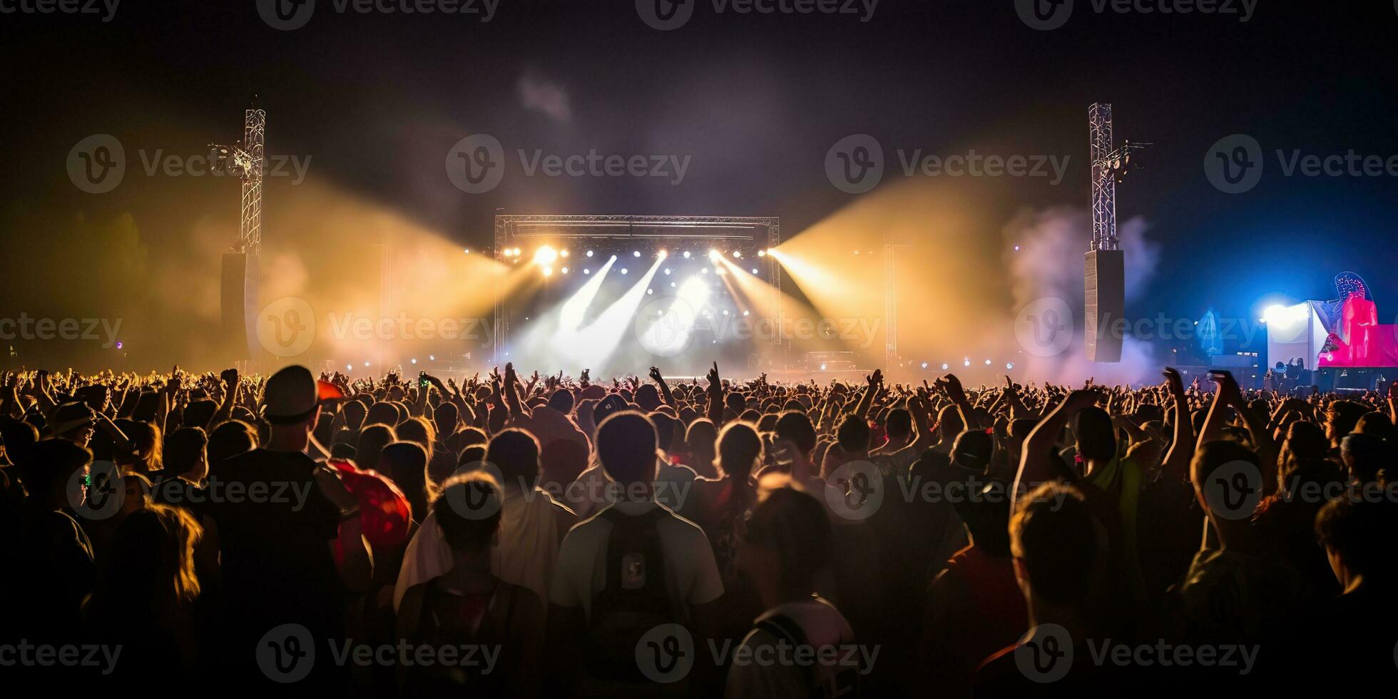 AI Generated. AI Generative. Night open air concert show perfomance stage live music event with many people around. Celebration fun party rave background. Graphic Art photo