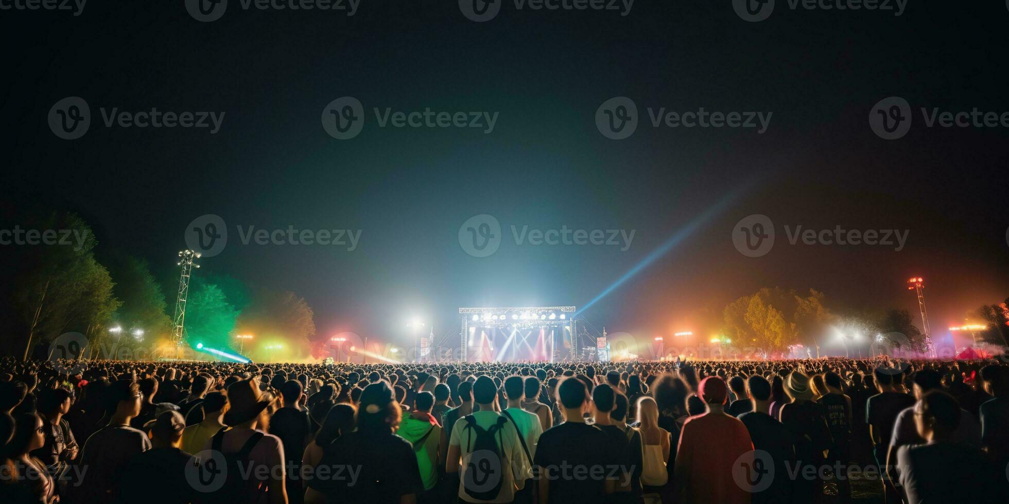 AI Generated. AI Generative. Night open air concert show perfomance stage live music event with many people around. Celebration fun party rave background. Graphic Art photo