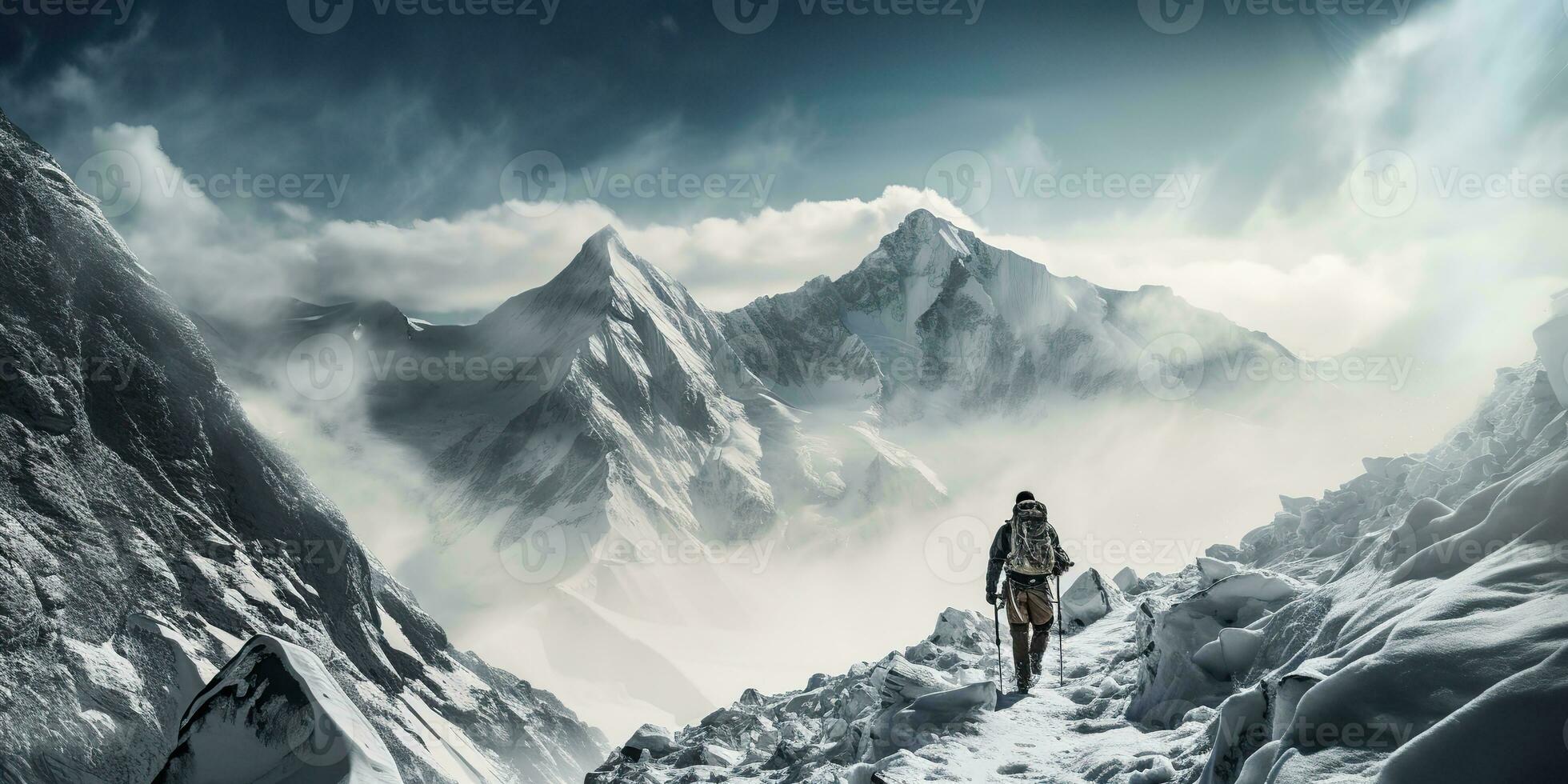 AI Generated. AI Generative. Winter snow ice mountain hiking trekking exploration adventure active lifestyle motivation landscape background. Graphic Art photo