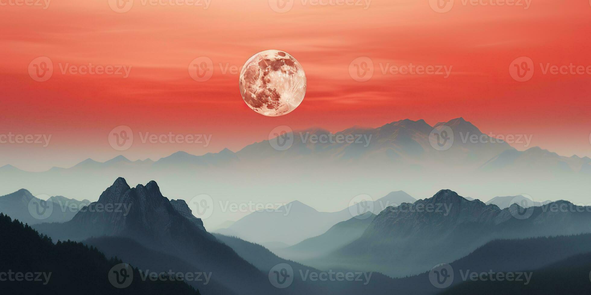 AI Generated. AI Generative. Minimalistic nature outdoor landscape with mountains hills and full moon in red vintage retro style. Graphic Art photo