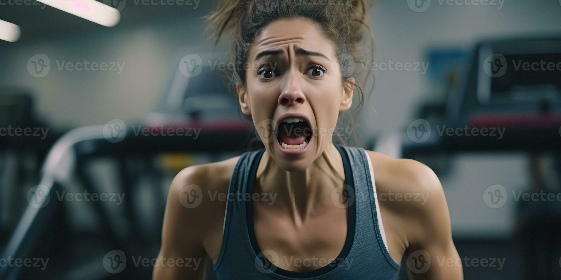 ai generado. ai generativo. hembra joven niña mujer cara retrato a gimnasio aptitud deporte corriendo expresion antecedentes. deporte motivación foto ilustración. gráfico Arte