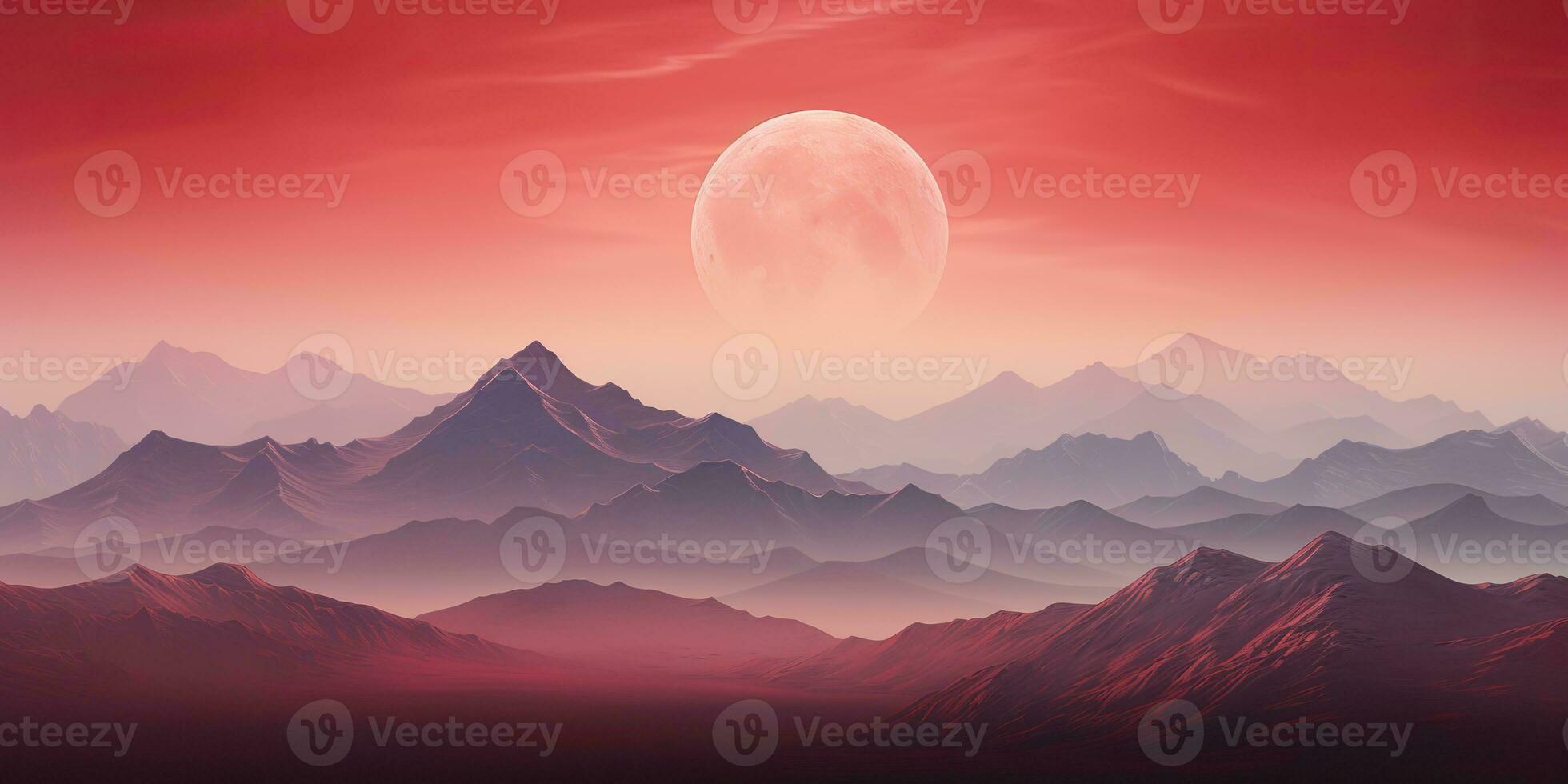 AI Generated. AI Generative. Minimalistic nature outdoor landscape with mountains hills and full moon in red vintage retro style. Graphic Art photo