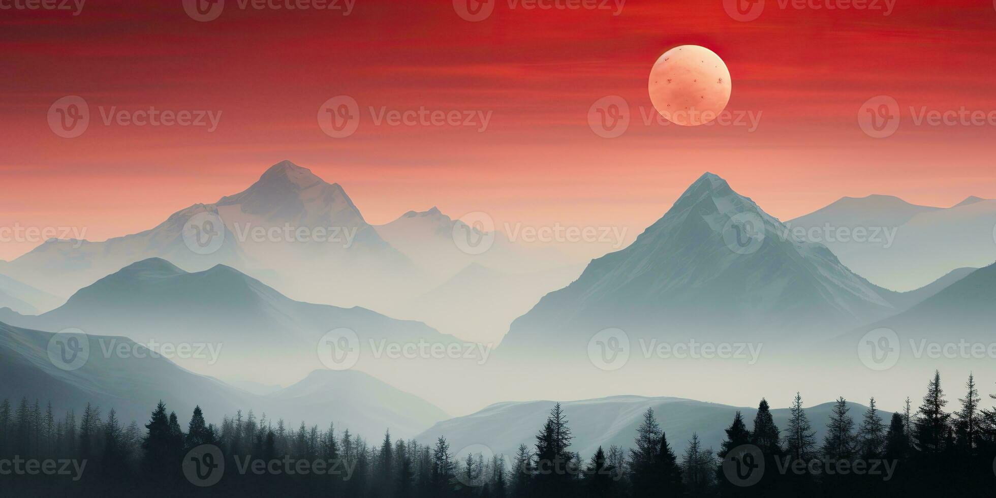 AI Generated. AI Generative. Minimalistic nature outdoor landscape with mountains hills and full moon in red vintage retro style. Graphic Art photo