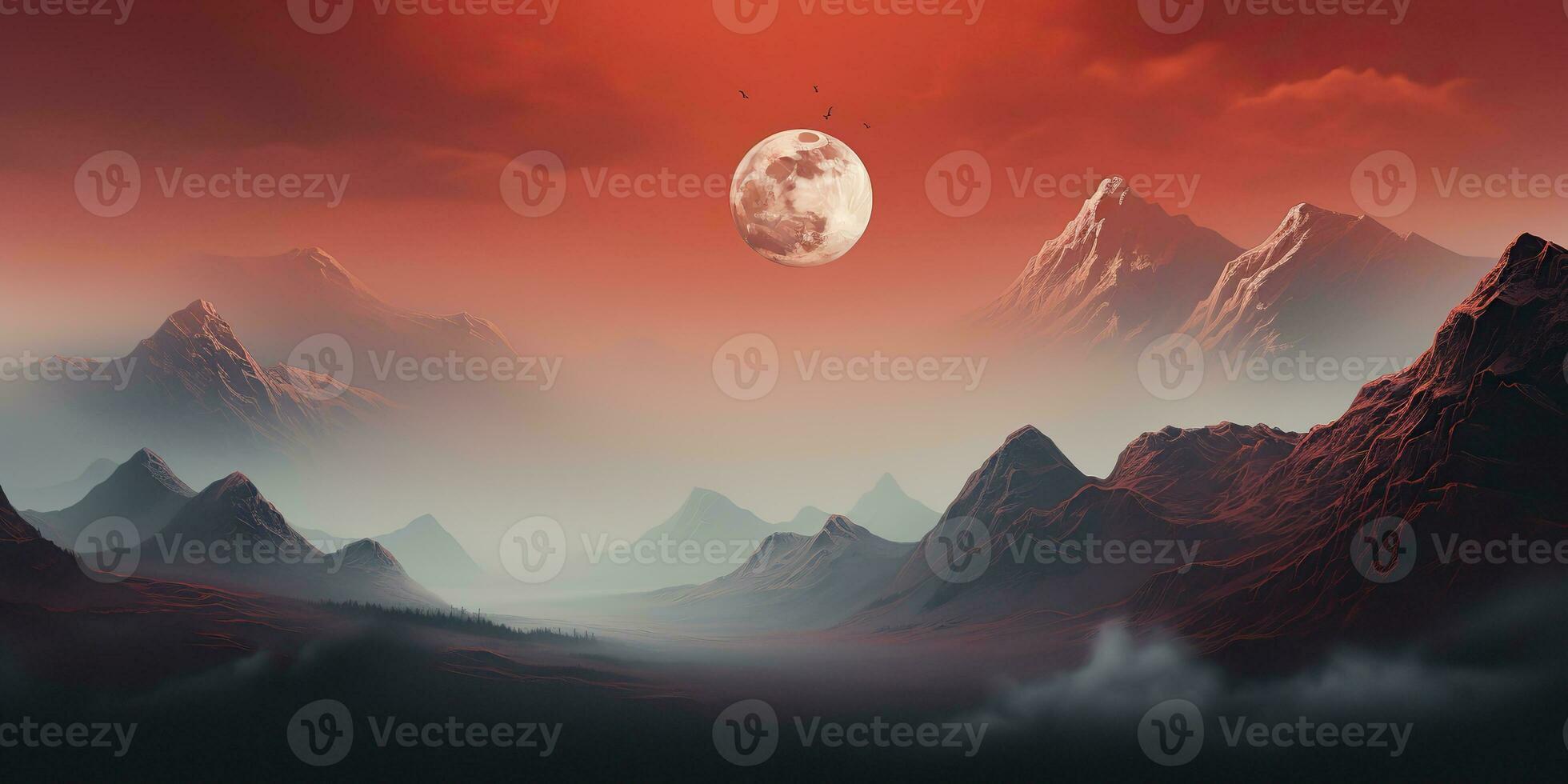 AI Generated. AI Generative. Minimalistic nature outdoor landscape with mountains hills and full moon in red vintage retro style. Graphic Art photo