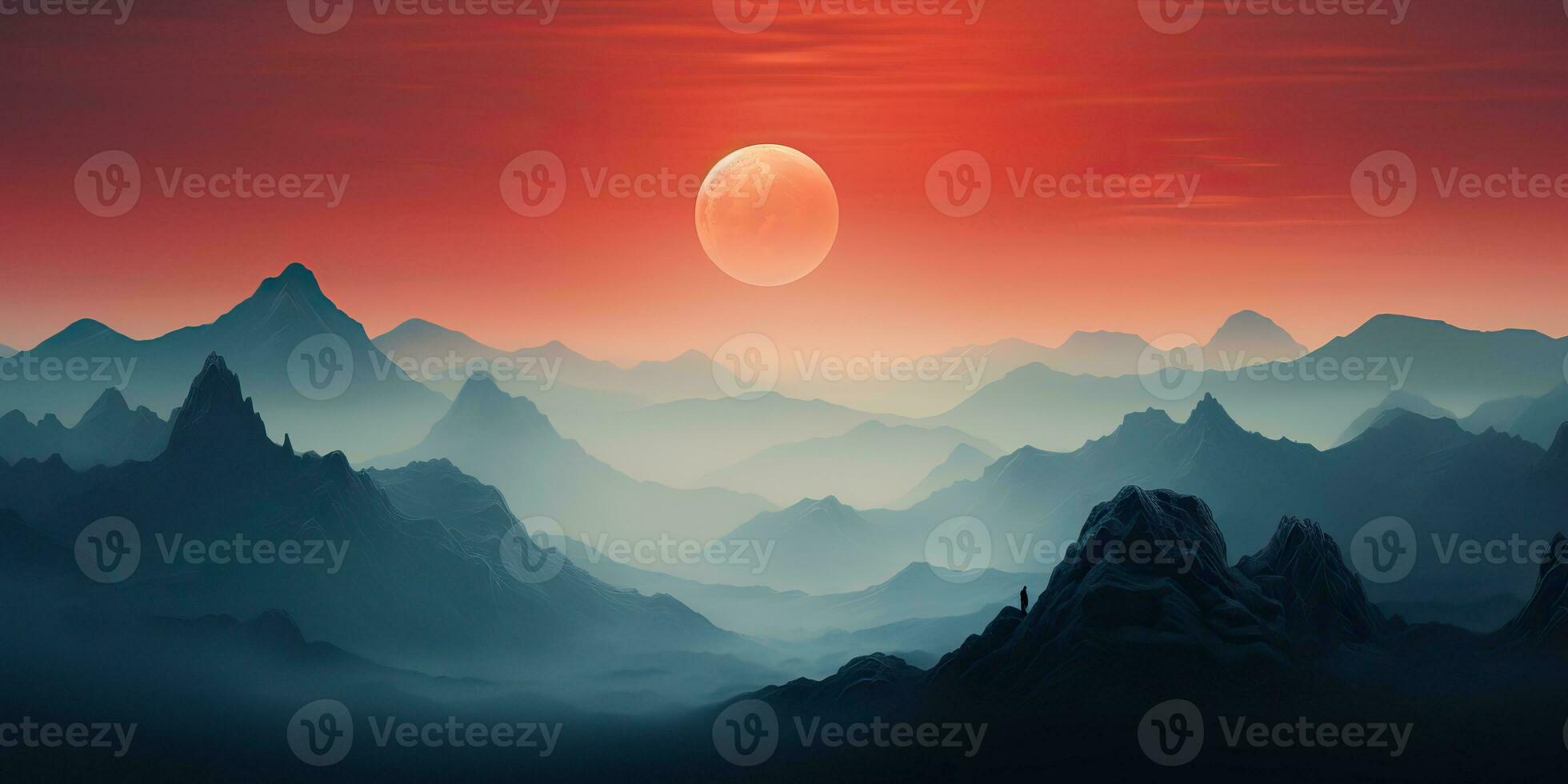 AI Generated. AI Generative. Minimalistic nature outdoor landscape with mountains hills and full moon in red vintage retro style. Graphic Art photo