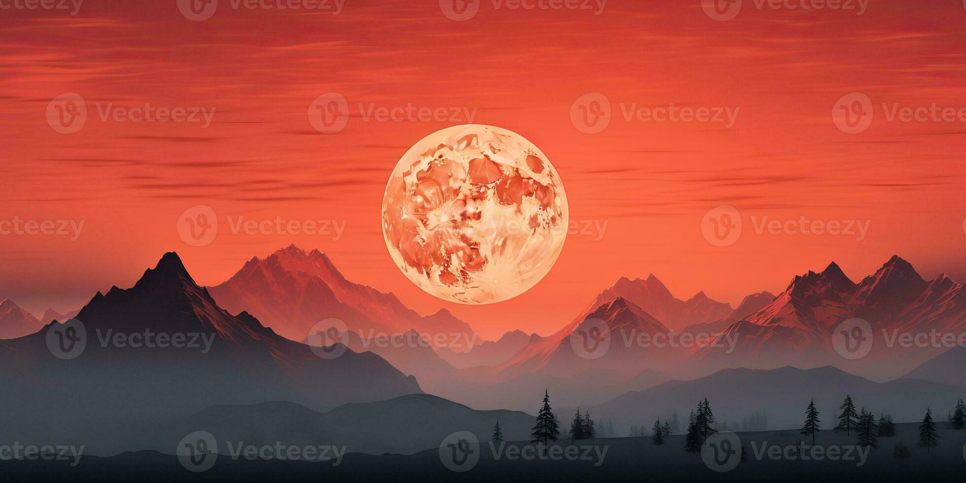 AI Generated. AI Generative. Minimalistic nature outdoor landscape with mountains hills and full moon in red vintage retro style. Graphic Art photo