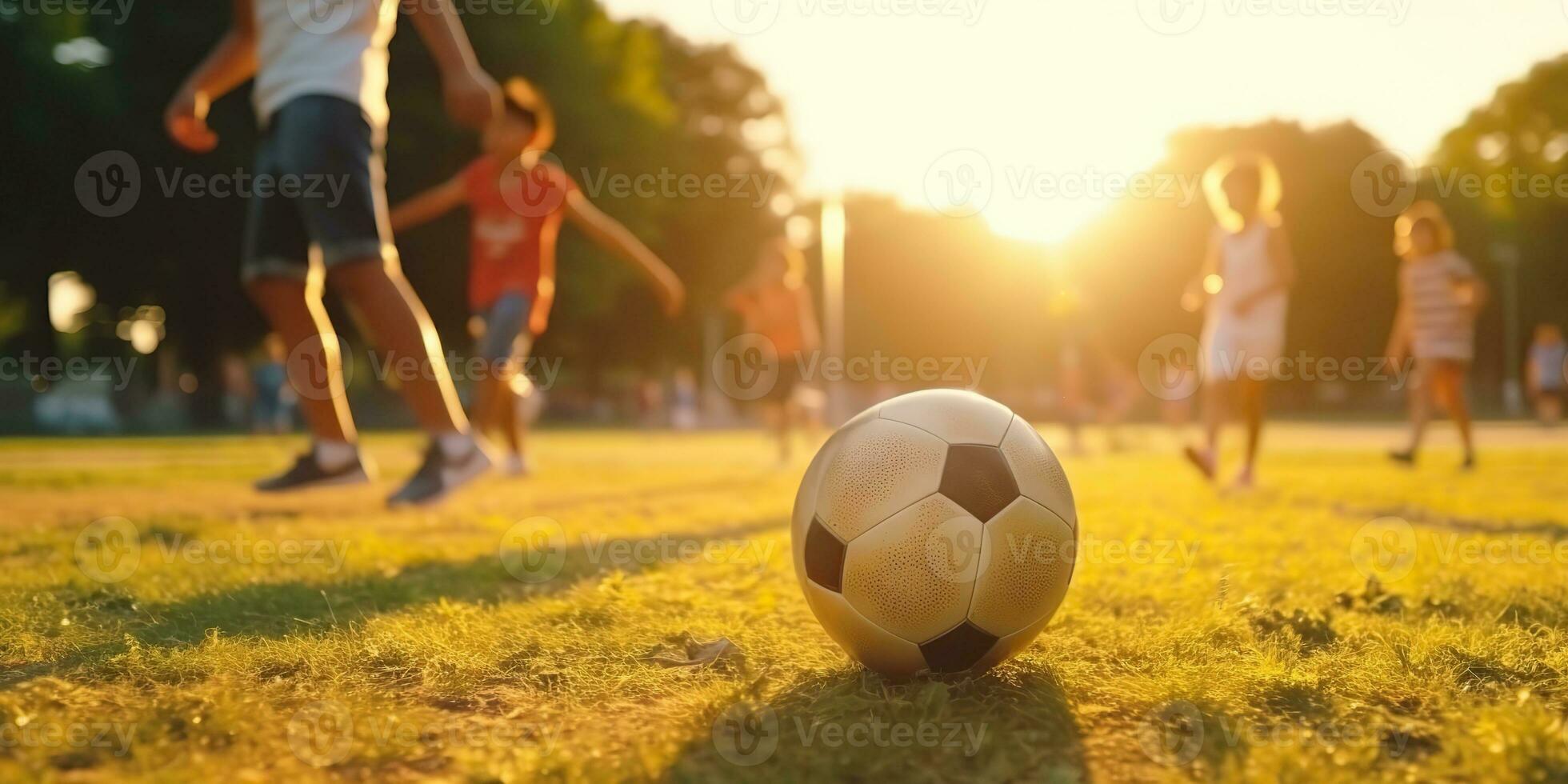 AI Generated. AI Generative. Soccer football game on green field. Active sport fit training background. Graphic Art photo