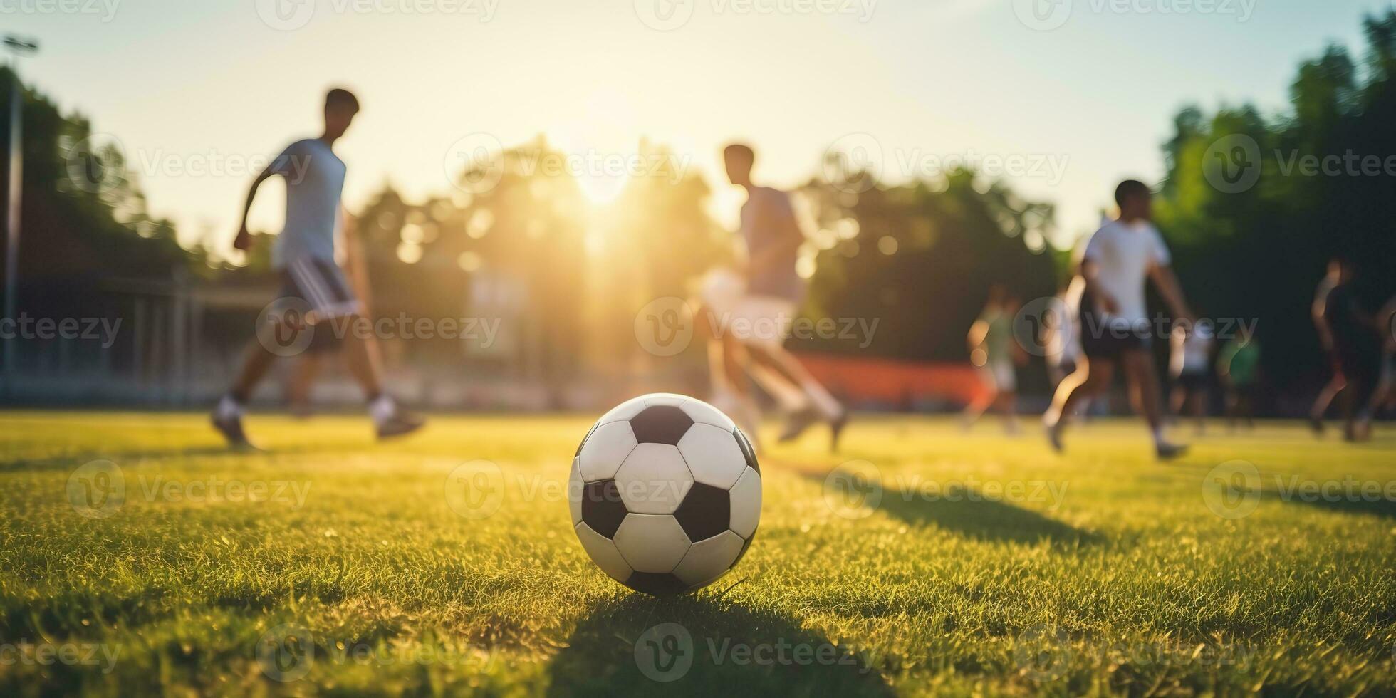 AI Generated. AI Generative. Soccer football game on green field. Active sport fit training background. Graphic Art photo