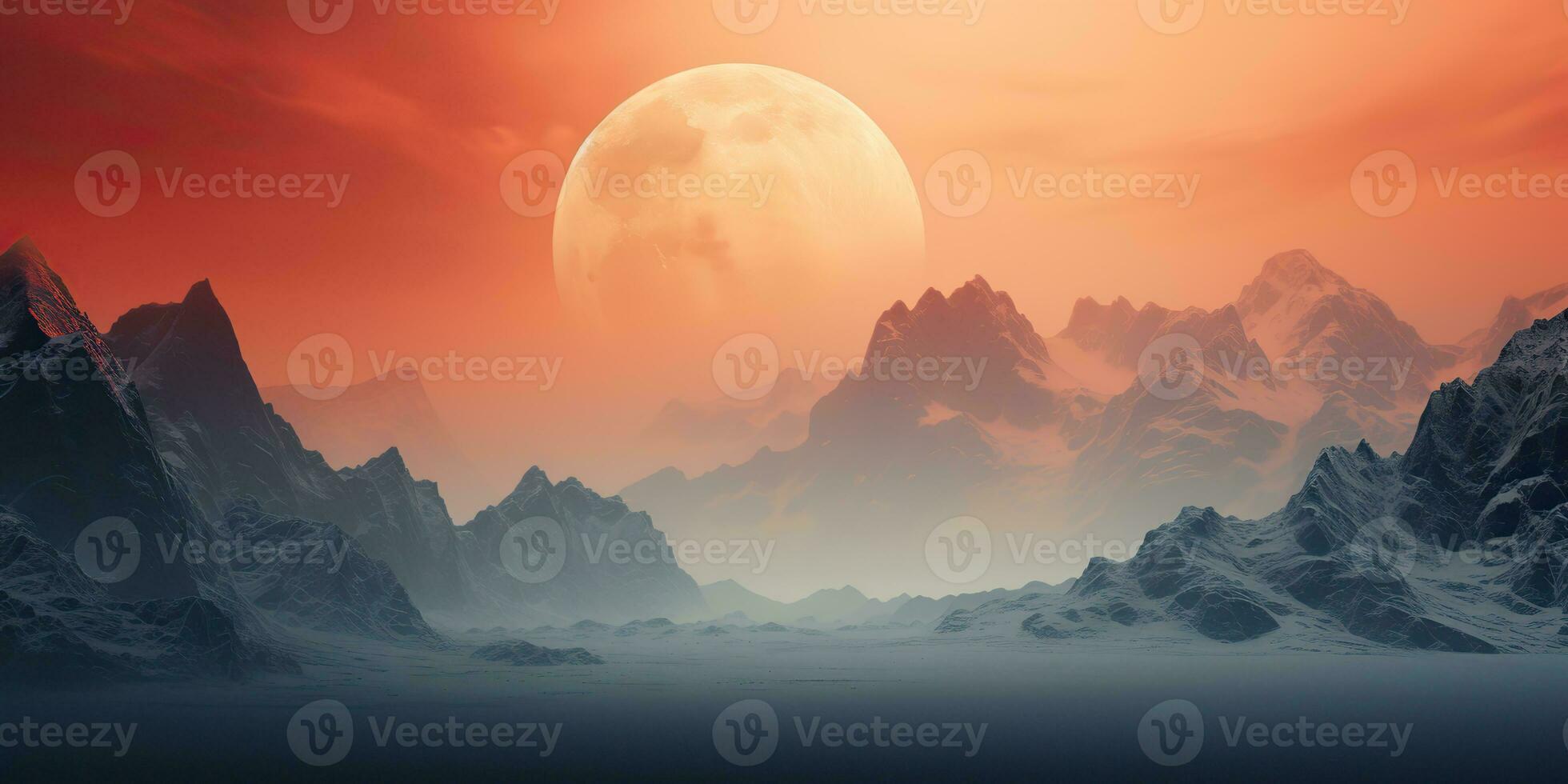 AI Generated. AI Generative. Minimalistic nature outdoor landscape with mountains hills and full moon in red vintage retro style. Graphic Art photo