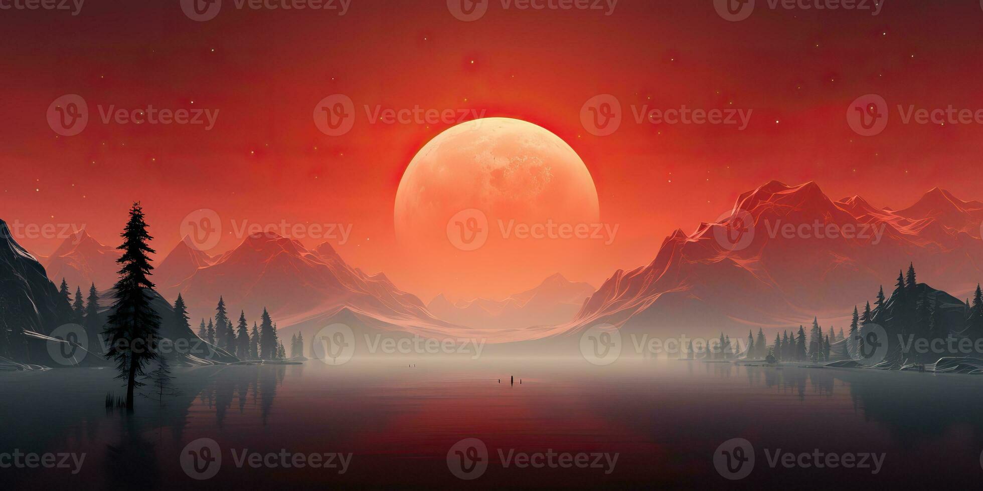 AI Generated. AI Generative. Minimalistic nature outdoor landscape with mountains hills and full moon in red vintage retro style. Graphic Art photo