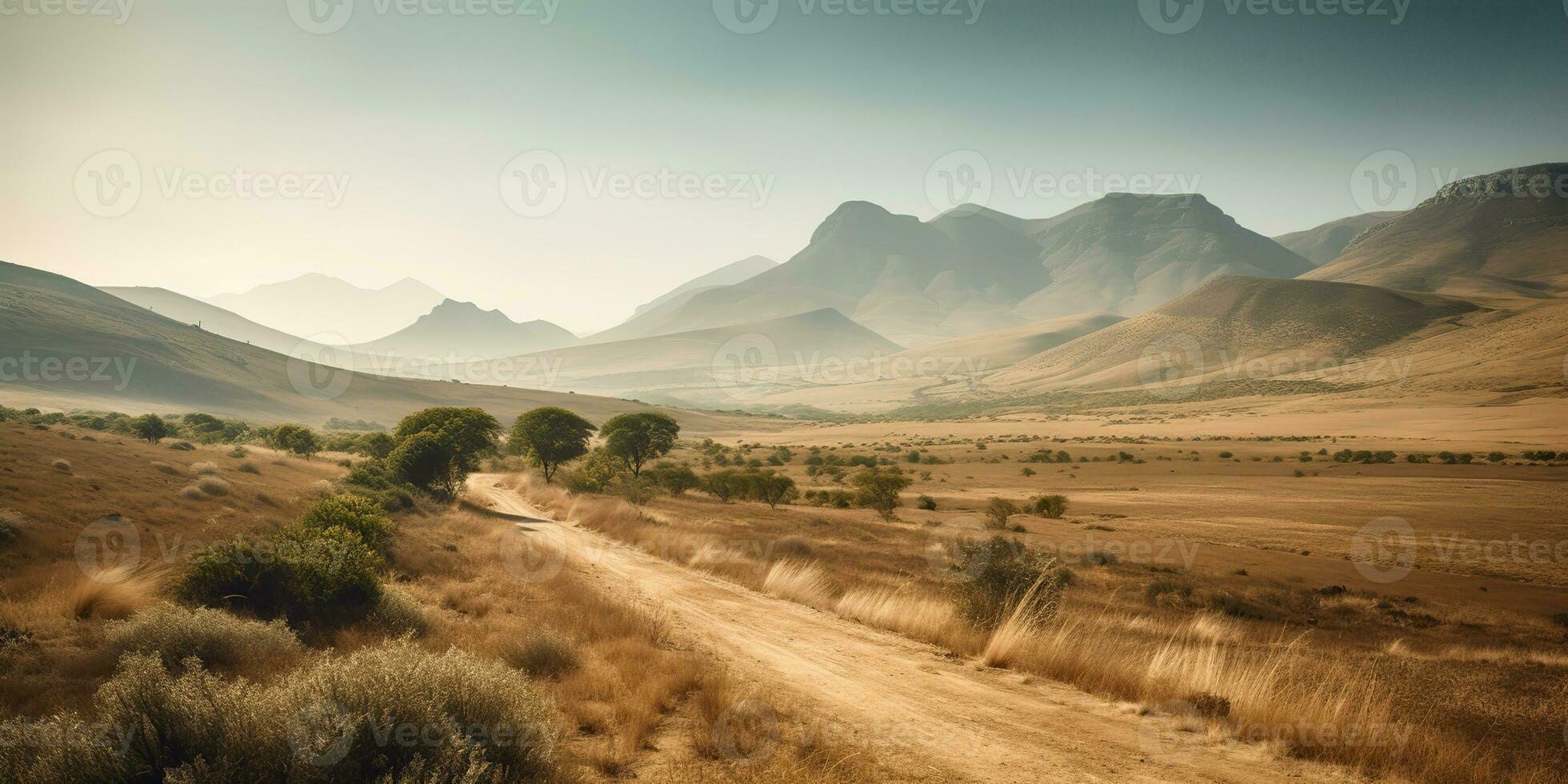 AI Generated. AI Generative. Wild outdoor nature South Africa landscape background with mountains and field. Graphic Art photo
