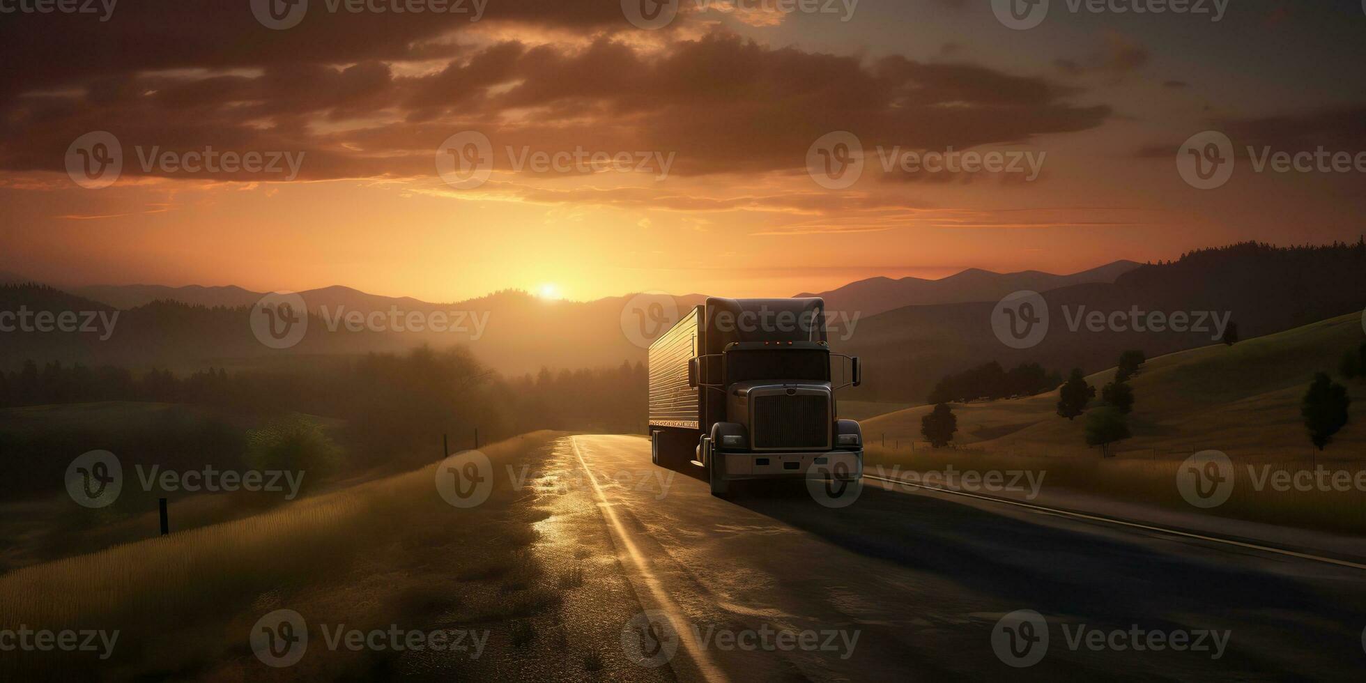 ai generado. ai generativo. camión auto móvil a la carretera autopista estacionamiento con puesta de sol país lado paisaje antecedentes. gráfico Arte foto