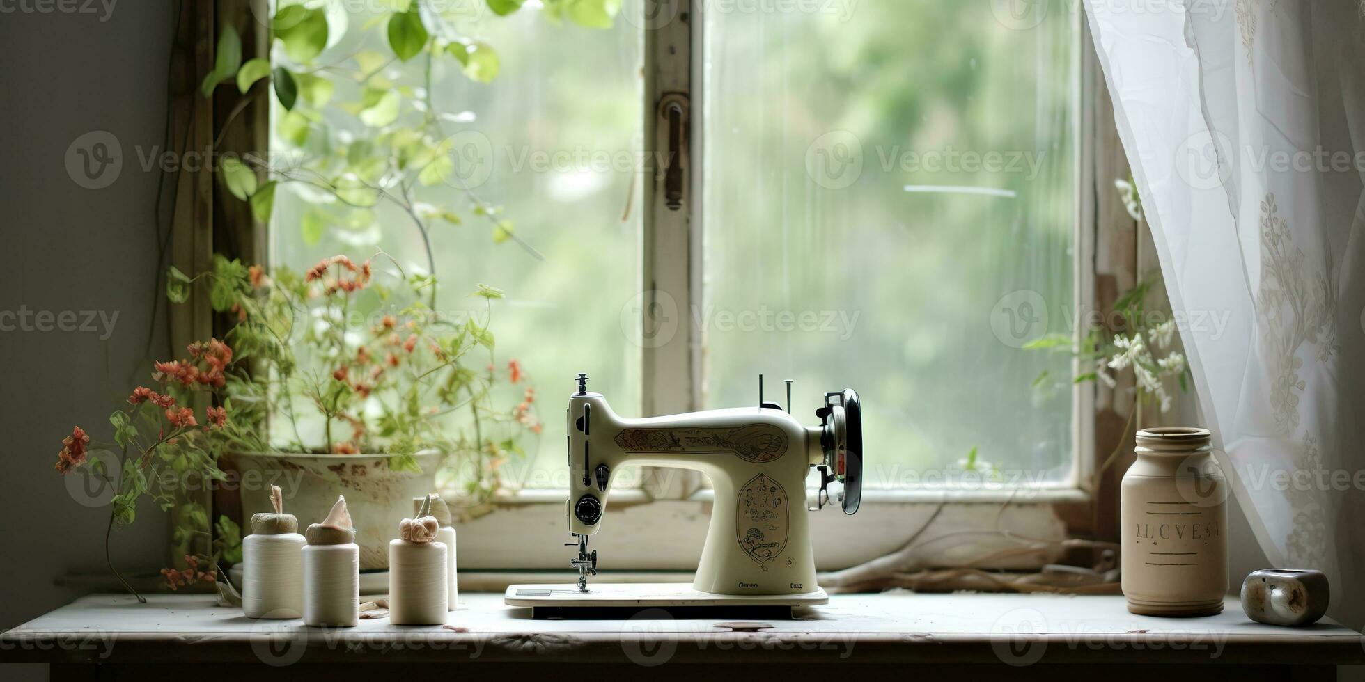 AI Generated. AI Generative. Vintage retro sewing machine on window with flowers. Decorative home cozy background. Graphic Art photo