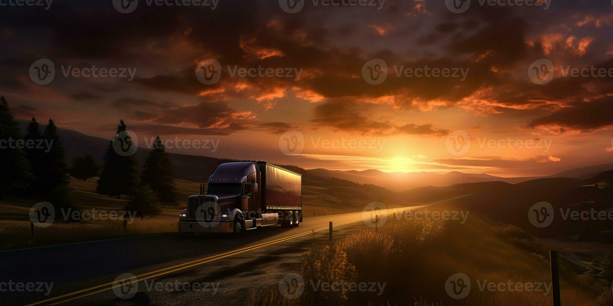 AI Generated. AI Generative. Truck auto mobile  at road highway parking with sunset country side landscape background. Graphic Art photo